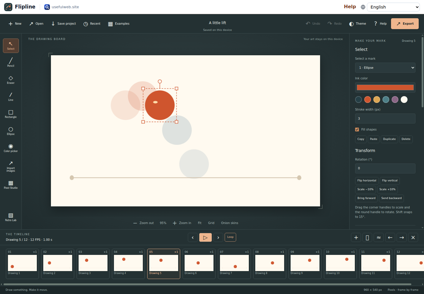 Flipline drawing board showing a bouncing ball with onion skins, drawing tools, layers and a twelve-drawing timeline